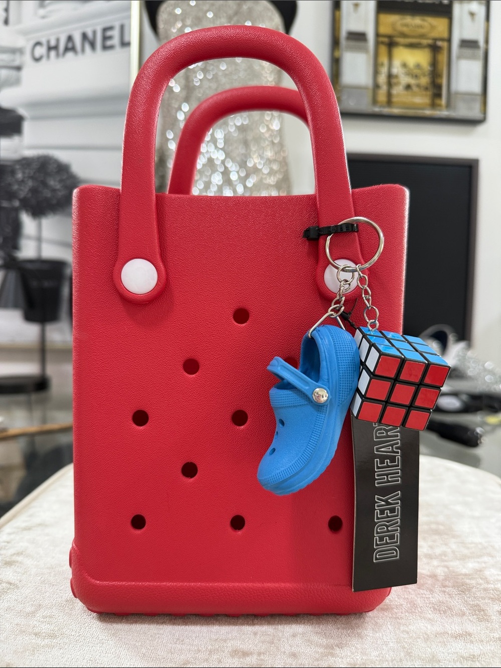 Derek Heart Red Mini Tote with Blue Charm Accents